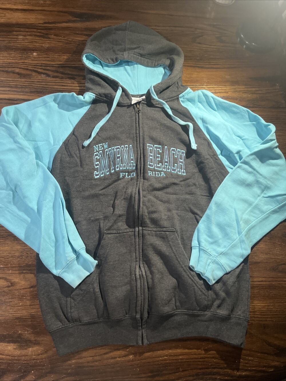 New Smyrna Beach - Zippered Hoodie L Sweatshirt Grey And Blue FLorida